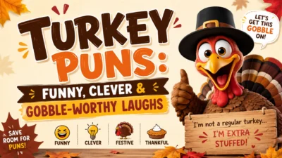 Turkey puns graphic featuring a funny Thanksgiving turkey with “Funny, Clever & Gobble-Worthy Laughs” text