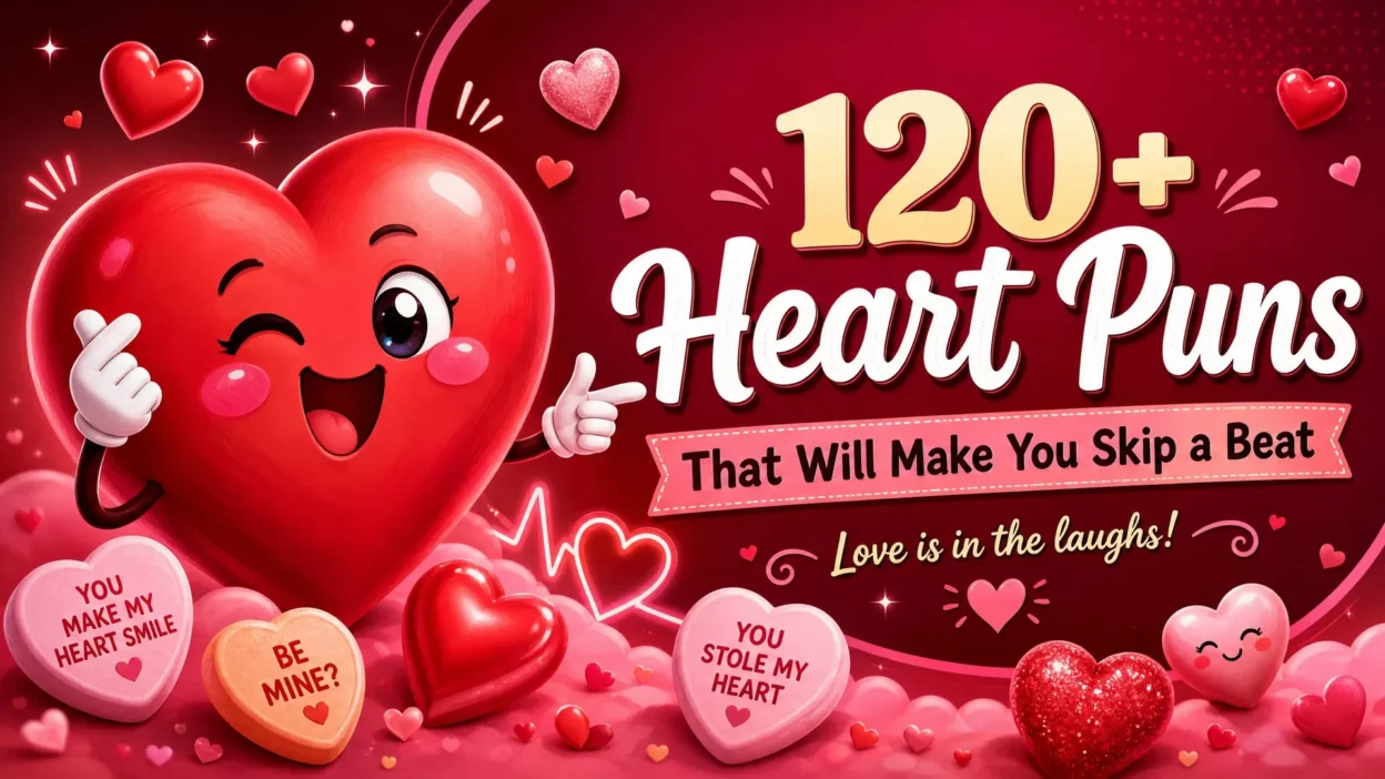 Playful heart puns graphic featuring a smiling cartoon heart surrounded by colorful hearts, sparkles, and the headline “120+ Heart Puns That Will Make You Skip a Beat.”