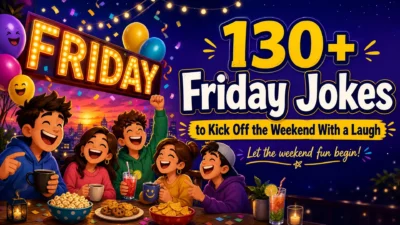 Colorful Friday jokes graphic showing cheerful friends laughing at a weekend celebration beneath a glowing Friday sign, with the headline “130+ Friday Jokes to Kick Off the Weekend With a Laugh.”