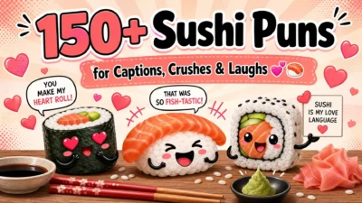 Cute sushi characters with smiling faces, hearts, chopsticks, and pun-filled speech bubbles beneath the headline “150+ Sushi Puns for Captions, Crushes & Laughs.”