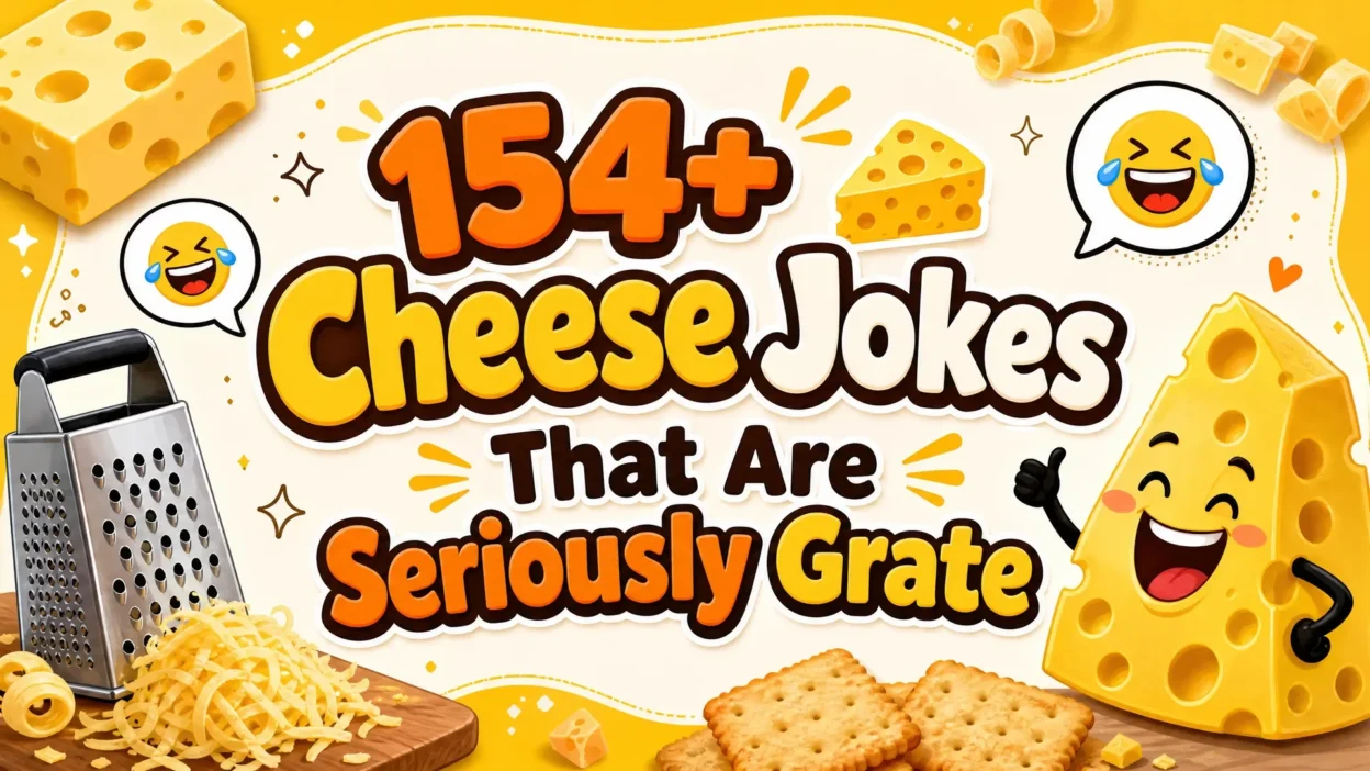 Funny cheese-themed banner featuring a smiling cheese wedge, grated cheese, a cheese grater, crackers, laughing emojis, and the title “154+ Cheese Jokes That Are Seriously Grate.”