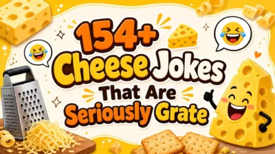 Funny cheese-themed banner featuring a smiling cheese wedge, grated cheese, a cheese grater, crackers, laughing emojis, and the title “154+ Cheese Jokes That Are Seriously Grate.”