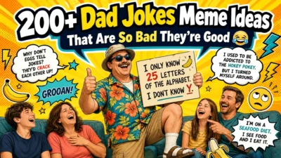 Colorful comic-style meme cover featuring a laughing dad in a Hawaiian shirt holding a pun sign, surrounded by family members, speech bubbles, bananas, lightning bolts, and the headline “200+ Dad Jokes Meme Ideas That Are So Bad They’re Good.”