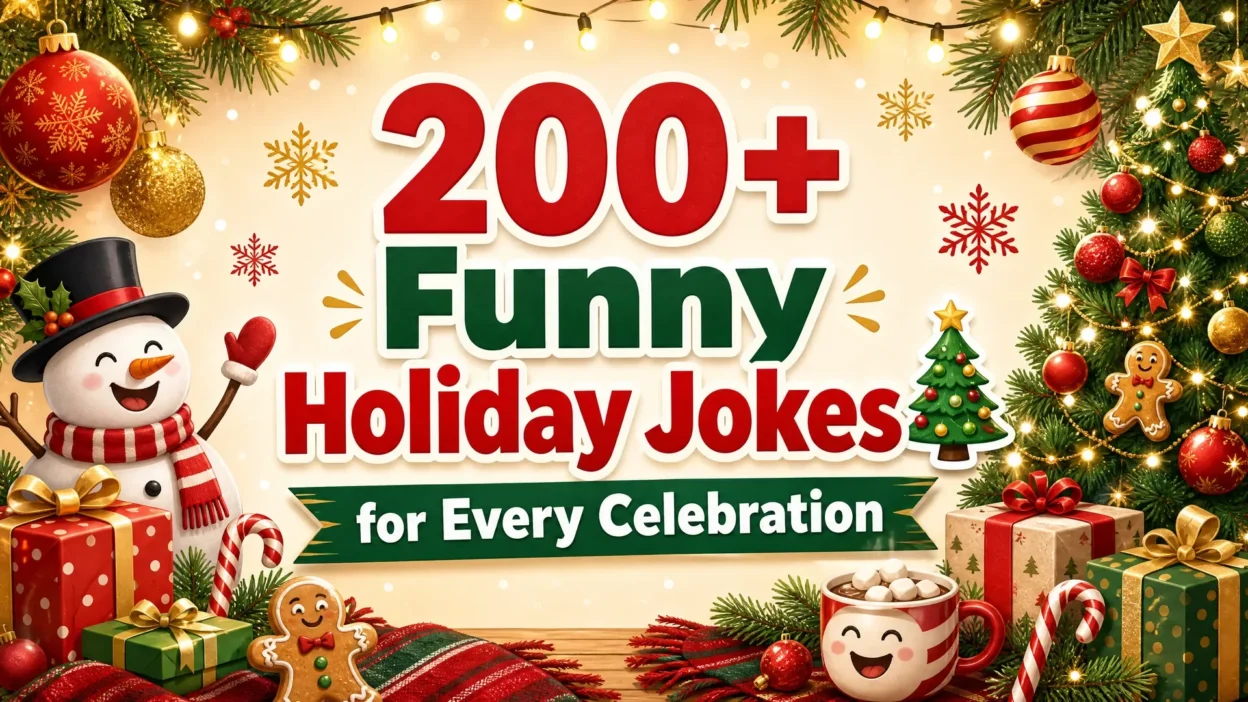Colorful festive graphic featuring a smiling snowman, Christmas tree, ornaments, gifts, candy canes, and the headline “200+ Funny Holiday Jokes for Every Celebration.”