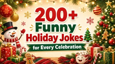 Colorful festive graphic featuring a smiling snowman, Christmas tree, ornaments, gifts, candy canes, and the headline “200+ Funny Holiday Jokes for Every Celebration.”