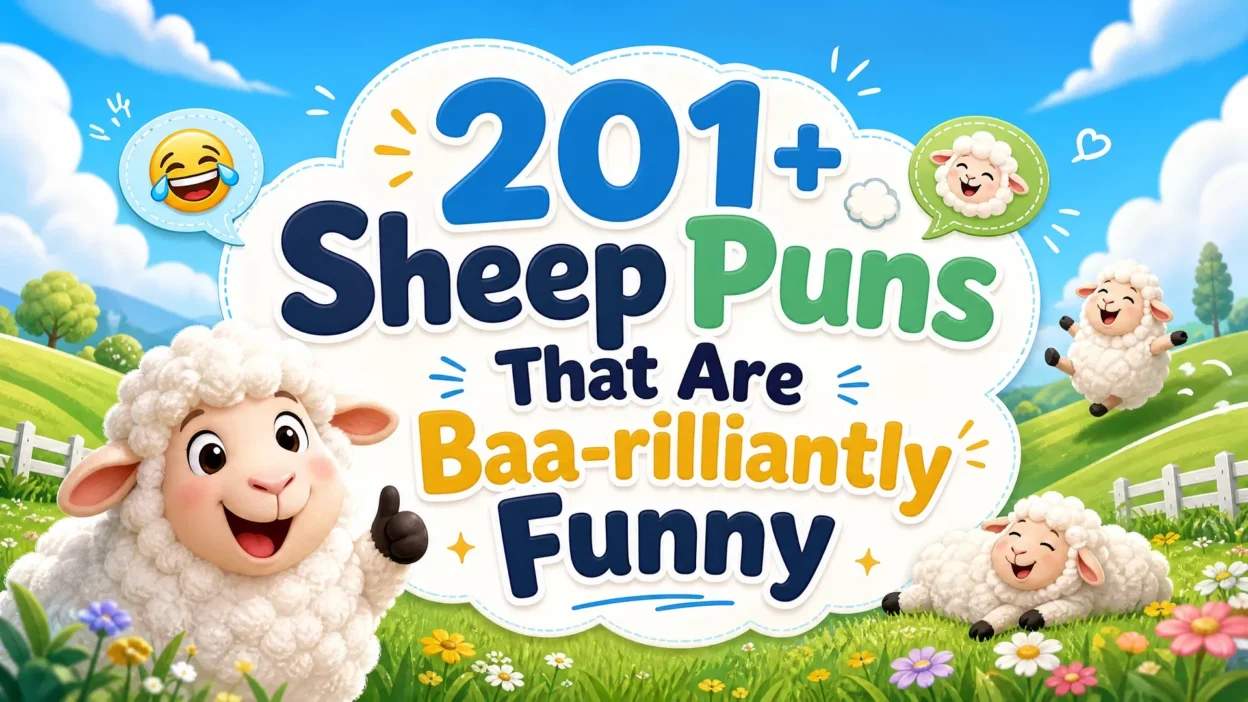 Cheerful sheep-puns banner featuring fluffy cartoon sheep in a sunny flower-filled meadow with the title “201+ Sheep Puns That Are Baa-rilliantly Funny.”
