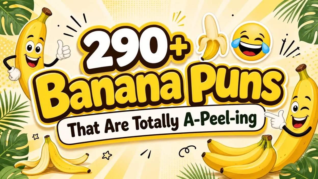 Bright yellow graphic featuring smiling cartoon bananas, banana peels, tropical leaves, and laughing emojis, with the headline “290+ Banana Puns That Are Totally A-Peel-ing.”