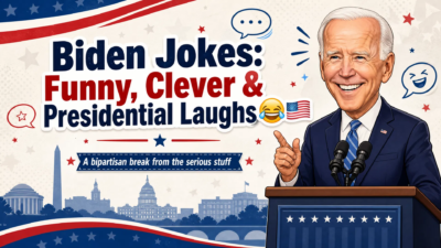 A patriotic cartoon-style banner featuring Joe Biden smiling at a podium with microphones, surrounded by American flags, stars, and Washington, D.C. landmarks, with the headline “Biden Jokes: Funny, Clever & Presidential Laughs.”