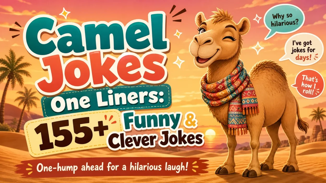Smiling cartoon camel in a colorful scarf standing in a desert sunset beside the text “Camel Jokes One Liners: 155+ Funny & Clever Jokes.”