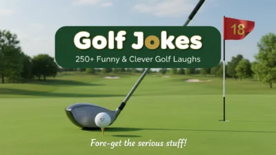 A sunny golf course banner featuring a golf club and smiling golf ball in the foreground, a red flag marked 18, green fairways, trees, and blue sky. The design reads “Golf Jokes,” “250+ Funny & Clever Golf Laughs,” and “Fore-get the serious stuff!”