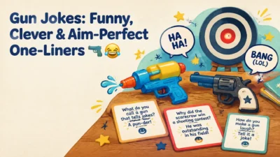 A colorful cartoon blog graphic titled “Gun Jokes: Funny, Clever & Aim-Perfect One-Liners,” featuring a toy water pistol, cartoon revolver, target board, joke cards, and humorous speech bubbles.