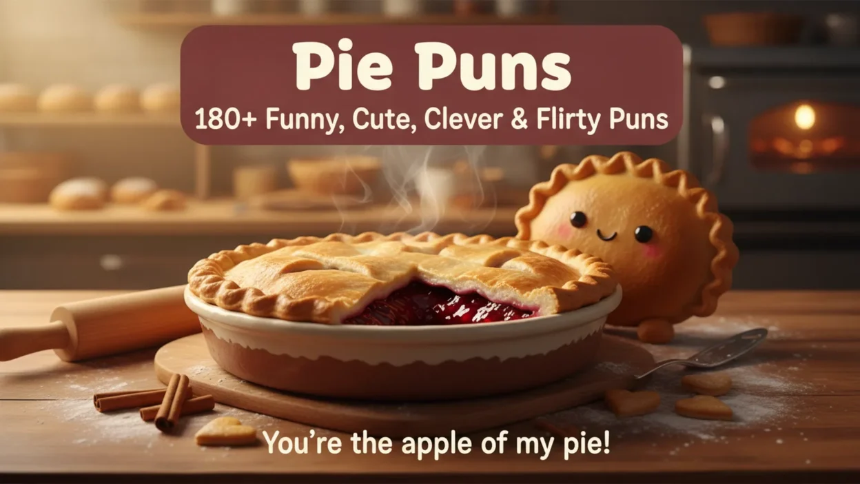 A warm bakery scene featuring a golden-brown pie in a ceramic dish, a cute smiling pie character, rolling pin, cinnamon sticks, flour, and a softly glowing oven. The banner reads “Pie Puns,” “180+ Funny, Cute, Clever & Flirty Puns,” and “You’re the apple of my pie!”