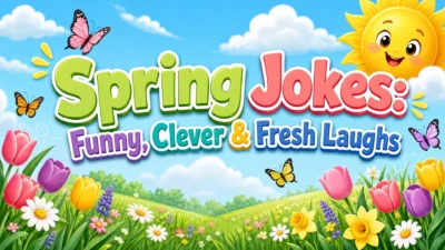 Colorful spring-themed banner featuring the text “Spring Jokes: Funny, Clever & Fresh Laughs,” with blooming tulips and daisies, butterflies, blue skies, clouds, and a smiling cartoon sun.