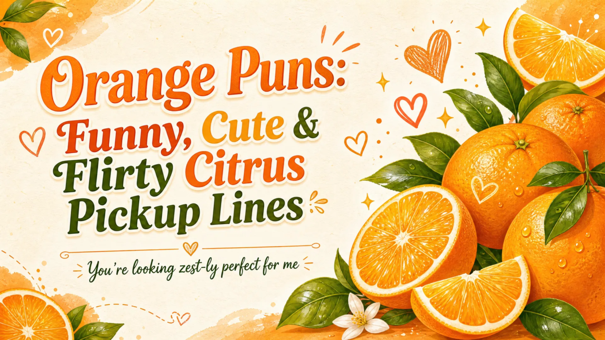 A cheerful orange-themed banner featuring fresh whole oranges, citrus slices, green leaves, hearts, and sparkles, with the headline “Orange Puns: Funny, Cute & Flirty Citrus Pickup Lines.”