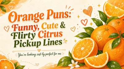A cheerful orange-themed banner featuring fresh whole oranges, citrus slices, green leaves, hearts, and sparkles, with the headline “Orange Puns: Funny, Cute & Flirty Citrus Pickup Lines.”