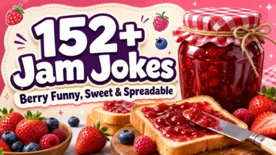 Colorful berry-themed graphic featuring a jar of strawberry jam, toast, fresh berries, and the text “152+ Jam Jokes: Berry Funny, Sweet & Spreadable.”