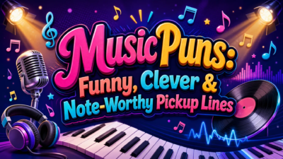 Colorful music-themed banner featuring the words “Music Puns: Funny, Clever & Note-Worthy Pickup Lines,” surrounded by a vintage microphone, headphones, piano keys, vinyl record, musical notes, stage lights, and colorful sound-wave graphics.