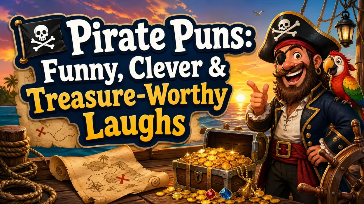 Cheerful cartoon pirate captain with a colorful parrot, treasure chest, gold coins, and treasure map on a ship at sunset, with the headline “Pirate Puns: Funny, Clever & Treasure-Worthy Laughs.”