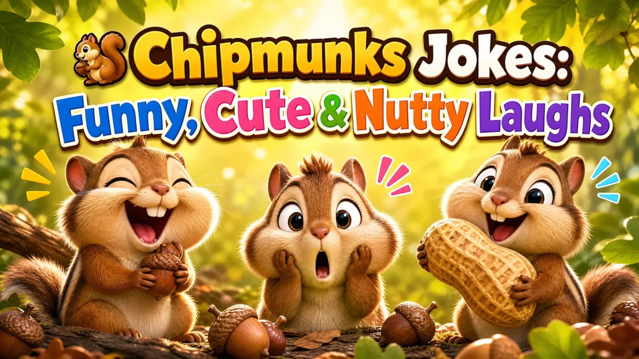 Three adorable cartoon chipmunks laughing and playing with acorns and a peanut in a sunny woodland, with the text “Chipmunks Jokes: Funny, Cute & Nutty Laughs.”