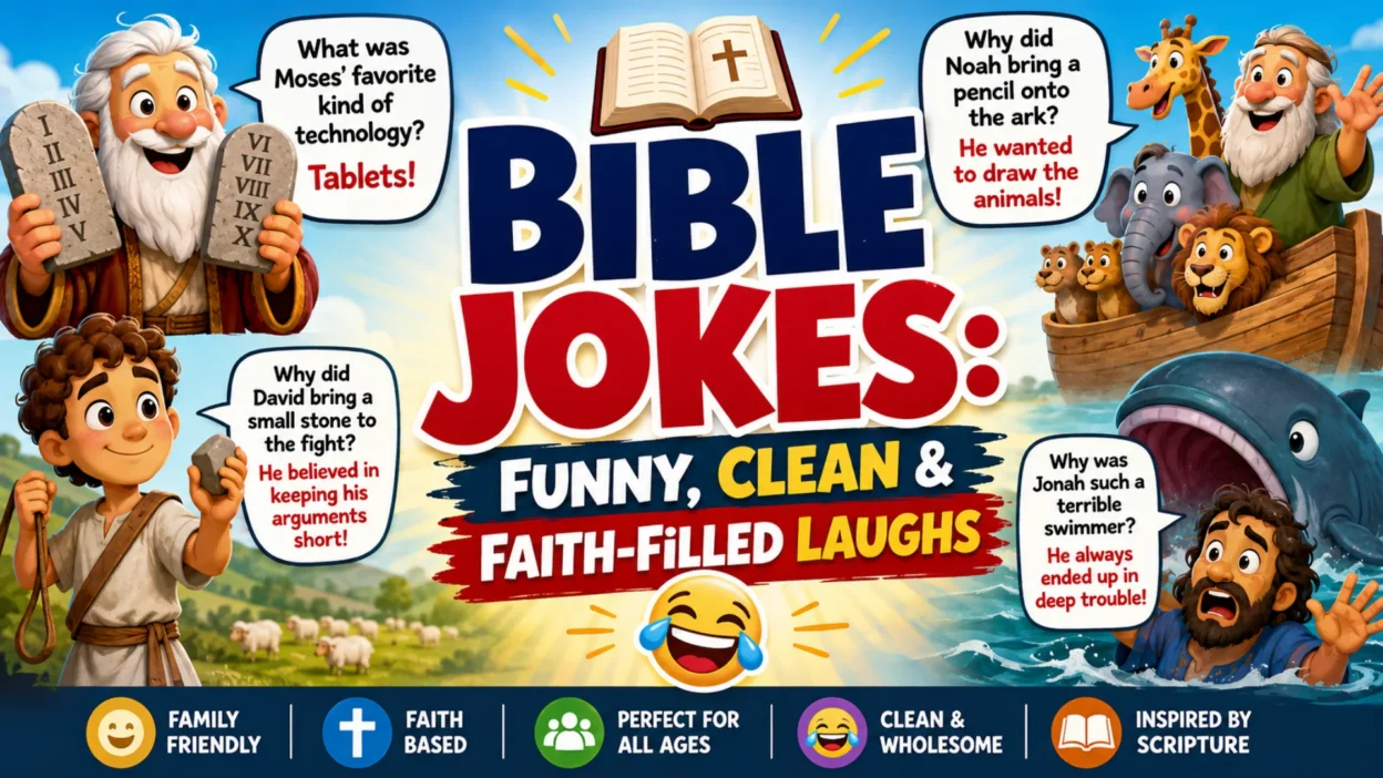 Bible jokes featuring funny cartoon scenes of Moses, Noah, David, and Jonah with clean faith-filled humor