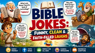 Bible jokes featuring funny cartoon scenes of Moses, Noah, David, and Jonah with clean faith-filled humor