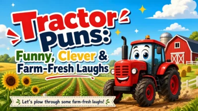 Cheerful red cartoon tractor driving through a sunny farm field with the text “Tractor Puns: Funny, Clever & Farm-Fresh Laughs.”